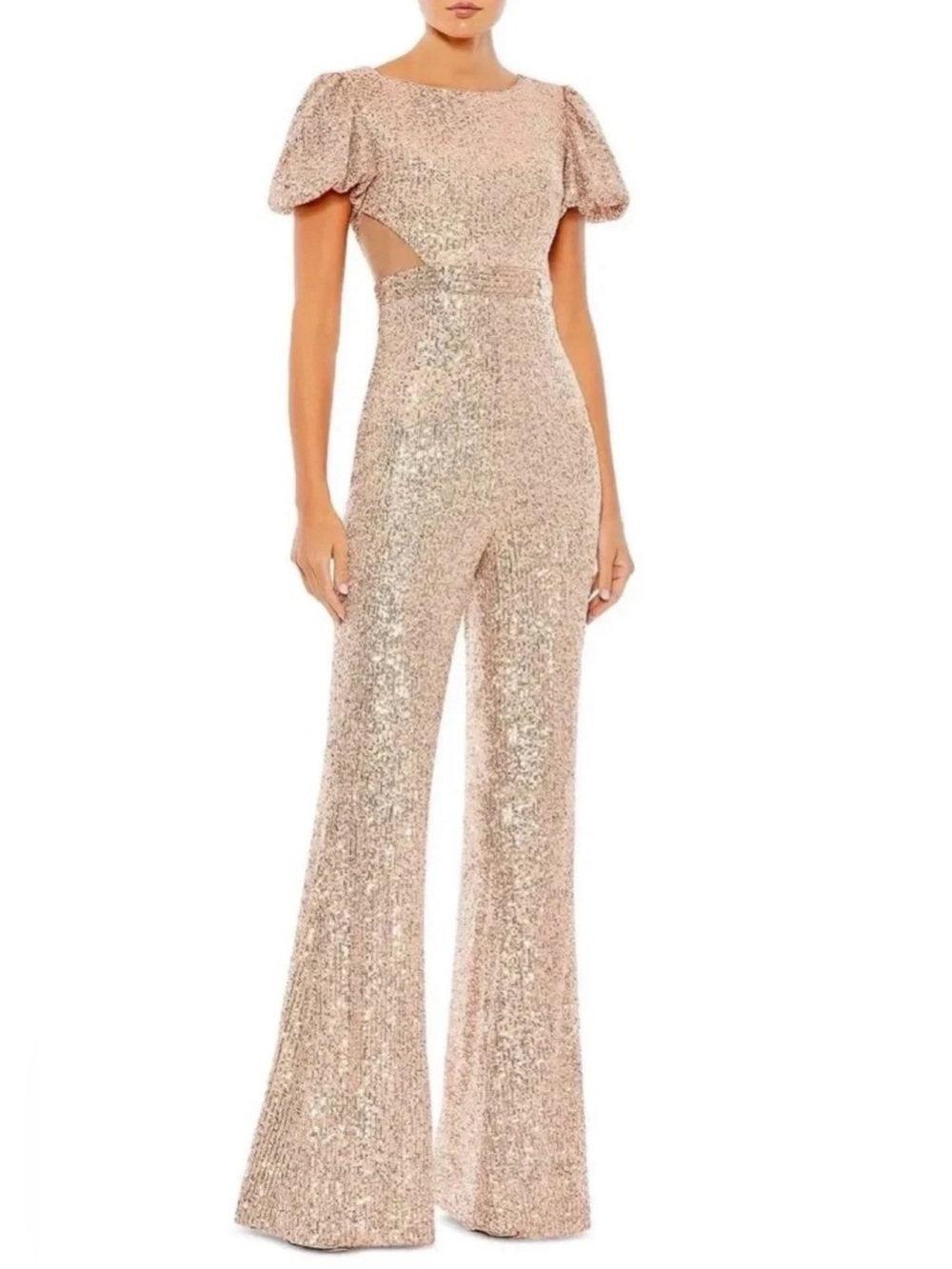 NEW Mac Duggal  Sequined Puff Sleeve Illusion Cutout Jumpsuit 14